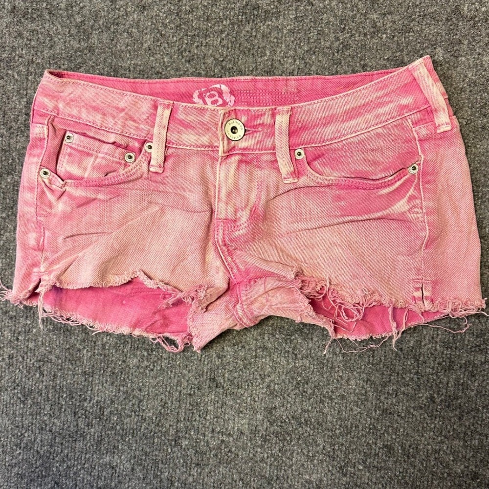 Bullhead Denim Shorts Womens Size 1 Pink Low Rise Raw Hem Frayed Cutoff Stretch
